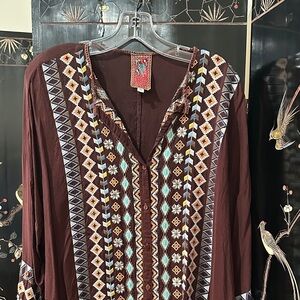 Johnny Was Burgundy/Brown Embroidered Blouse